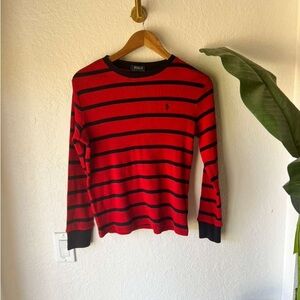 NWT POLO Big Boys Long-Sleeve Striped Waffle-Knit T-Shirt Red/Navy Sz 10-12 Pony